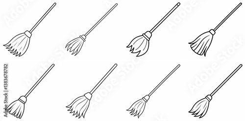 Broom Outline Coloring Book Page Line Art Drawing Set White Background