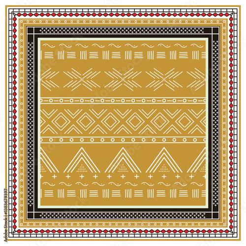 Pattern design with geometric square shapes scarf in gold, white, and black, bordered by intricate frames.
