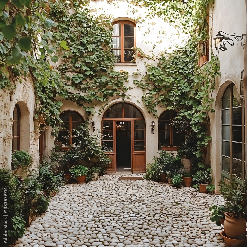 Fototapeta premium Picturesque European Courtyard with Ivy Covered Walls Stone Cobblestone Pathway and Arched Entryway