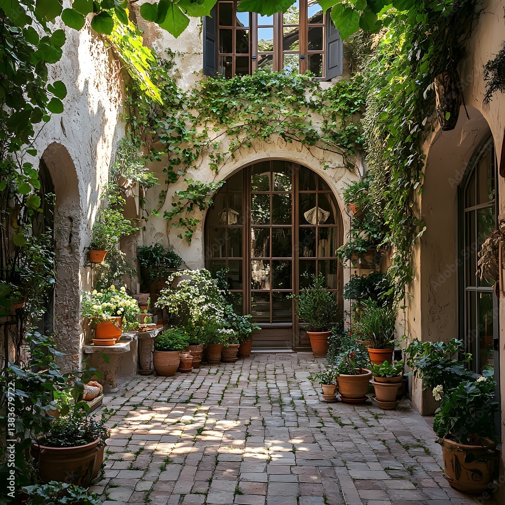 Fototapeta premium Sunlit Courtyard Garden with Brick Patio Lush Greenery and Archway Entrance