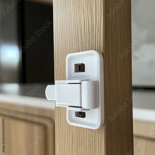 Close-up of a modern cabinet lock on a wooden door frame.