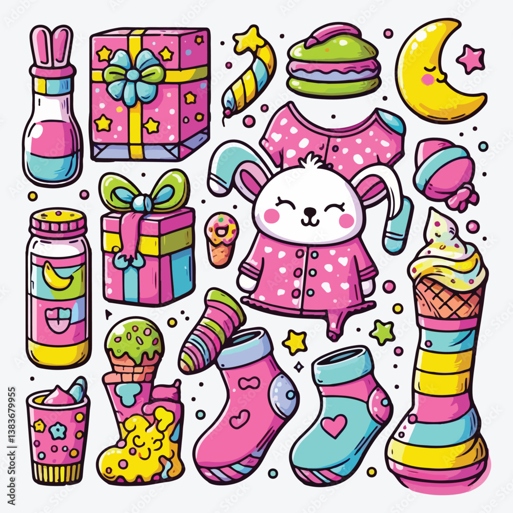 Set of items for Pajama party, isolated on pink background. stock illustration Set of items for Pajama party, isolated on pink background. stock illustration