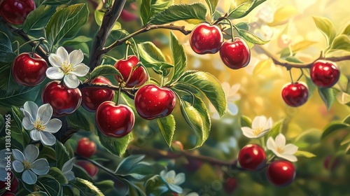 Ripe cherries on branch, orchard sunlight, blossom, summer