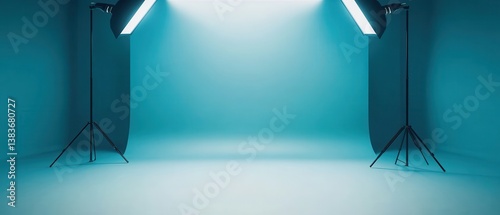 Minimalist studio setup with blue lighting and empty background.