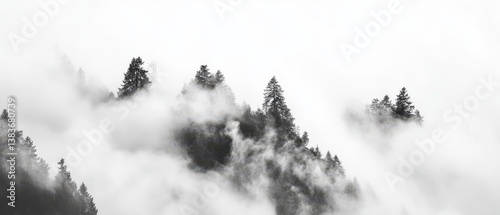 Misty mountain landscape with evergreen trees and fog.