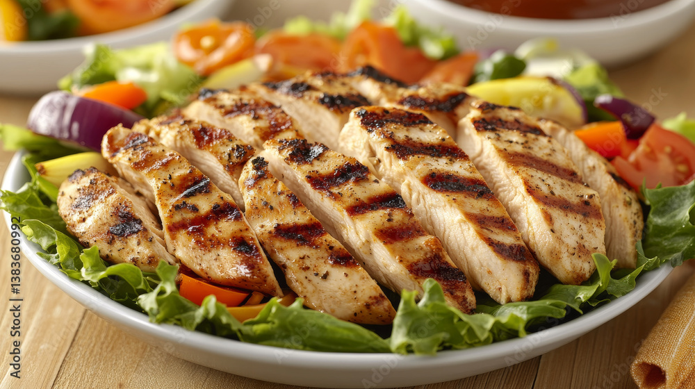 Grilled chicken breast with fresh vegetables . Selective focus Grilled chicken breast with fresh vegetables . Selective focus