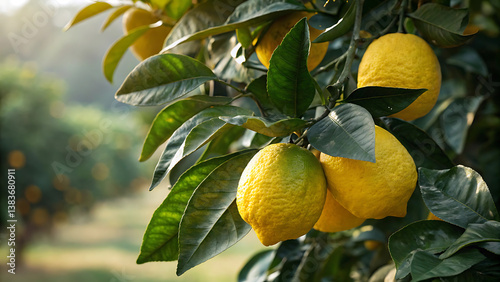 Ripe lemons hanging on a tree branch.
