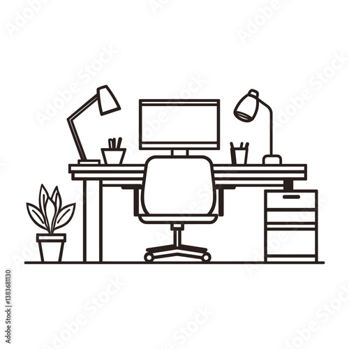 Stylized Workspace Line Drawing: vector Desk Setup with Monitor, Chair, Lamps, Plant, and Stationery