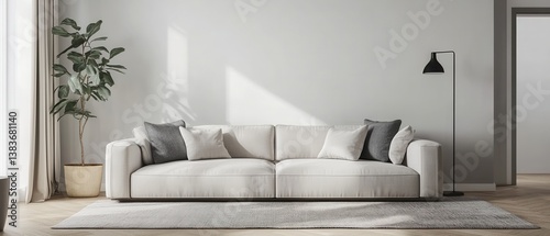 Modern living room with plush sofa and stylish decor elements.