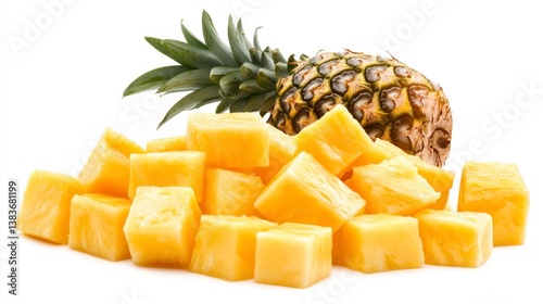 Fresh Pineapple Chunks with Whole Pineapple on White Background