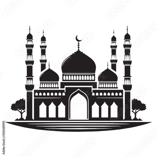 Stately Masjid silhouette, highlighting the grandeur and majesty of religious architecture – Masjid illustration – Masjid vector – Sacred edifice silhouette

