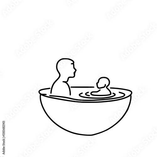 Parent and child enjoying bath time in a minimalistic style, single line vector      