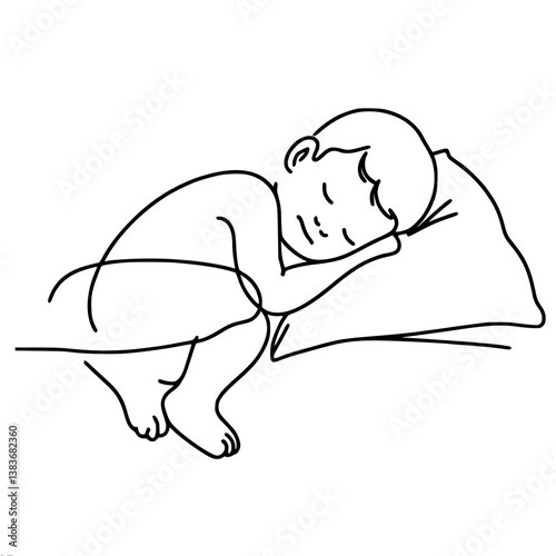 Sleeping child resting peacefully on a pillow in a minimalist style , single line vector