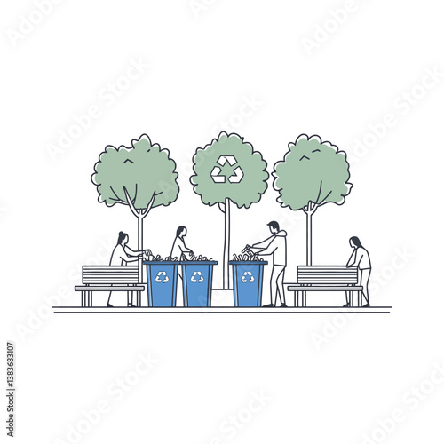 people picking up trash, Clean and Green Park Scene: Promoting Recycling and Environmental Sustainability