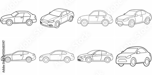 Car Outline Coloring Book Page Line Art Drawing Set White Background

