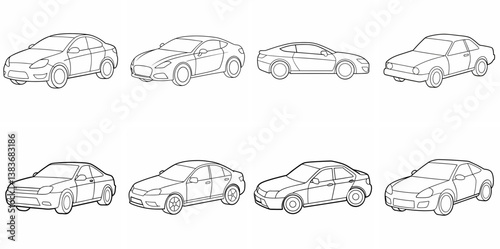 Car Outline Coloring Book Page Line Art Drawing Set White Background

