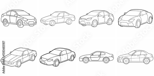 Car Outline Coloring Book Page Line Art Drawing Set White Background

