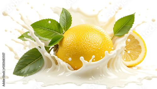 Fresh yellow lemon fruit with leaf slices in creamy milk splash png