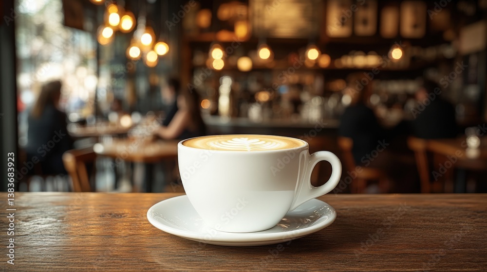 Fototapeta premium Artisan Coffee in a Cozy Café Setting with Latte Art and Warm Ambiance