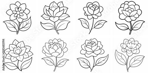 Wallpaper Mural Children's Floral Outline Coloring Book Page Line Art Drawing Set White Background Torontodigital.ca