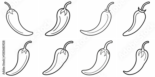 Chili Outline Coloring Book Page Line Art Drawing Set White Background