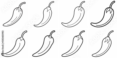 Chili Outline Coloring Book Page Line Art Drawing Set White Background