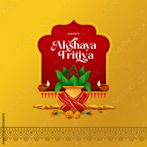 Happy Akshaya Tritiya Festival Greeting Background Design with Kalash Vector Illustration