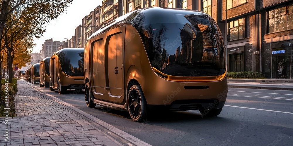 Obraz premium Futuristic autonomous vehicles lined up on a city street at sunset, showcasing modern technology and sleek designs.