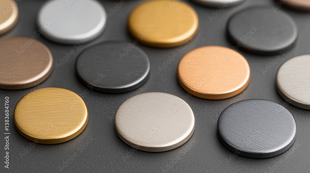 Close-up of various textured metallic disks in different colors arranged on a surface. Close-up of various textured metallic disks in different colors arranged on a surface.