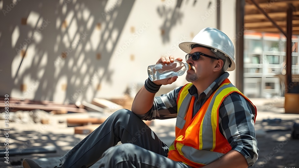 A construction worker taking a hydration break on a job site. A construction worker taking a hydration break on a job site.