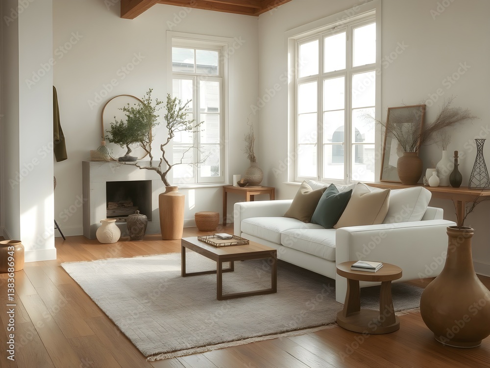 Fototapeta premium A luxurious Japandi-style living room with a serene ambiance, minimalist design, natural light with neutral tones, organic textures and elegance