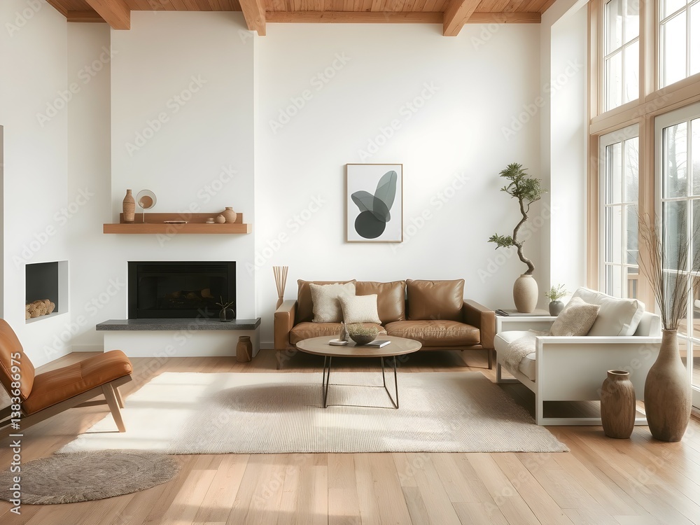 Fototapeta premium A luxurious Japandi-style living room with a serene ambiance, minimalist design, natural light with neutral tones, organic textures and elegance