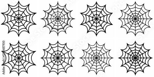 Decorative Spider Web Outline Coloring Book Page Line Art Drawing Set White Background