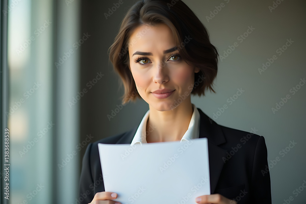 A Thoughtful Woman Holding an Agreement Document, Standing in a Bright Office. AI-generated A Thoughtful Woman Holding an Agreement Document, Standing in a Bright Office. AI-generated