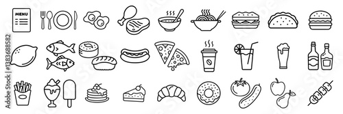 Food icons set. Burger, fast snacks, sandwich, french fries, hot dog, mexican burrito, pizza vector illustrations. Thin signs for restaurant menu.