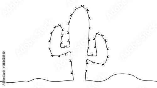 Cactus flower hand drawn. Cactus one continuous line. Black silhouette of cactus on white background.