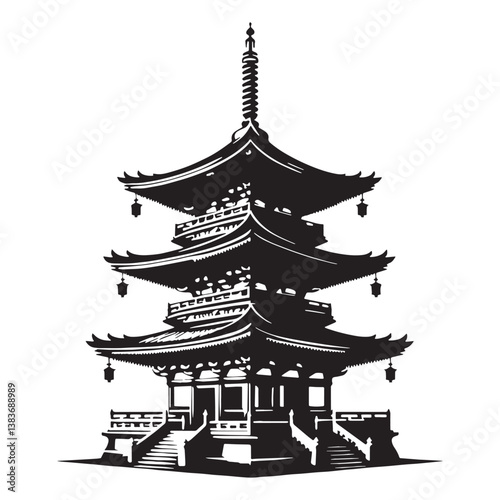 Exquisite Pagoda silhouette, capturing the detailed craftsmanship and sacred beauty – Pagoda illustration – Pagoda vector – Ornate structure silhouette

