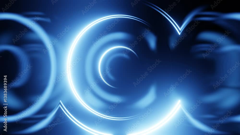 Abstract seamless loop of 3D render neon circle. Blue neon circles ...