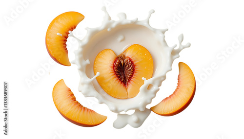  Fresh Peach slices in creamy milk splash png