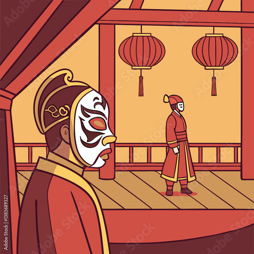 A Chinese opera performance with traditional masks