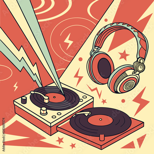 A DJ festival flyer with headphones and turntables
