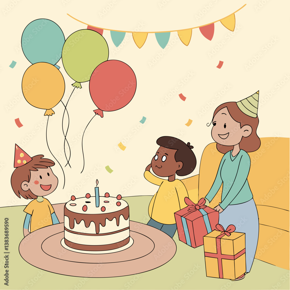 A birthday party illustration with balloons, cake, and gifts A birthday party illustration with balloons, cake, and gifts