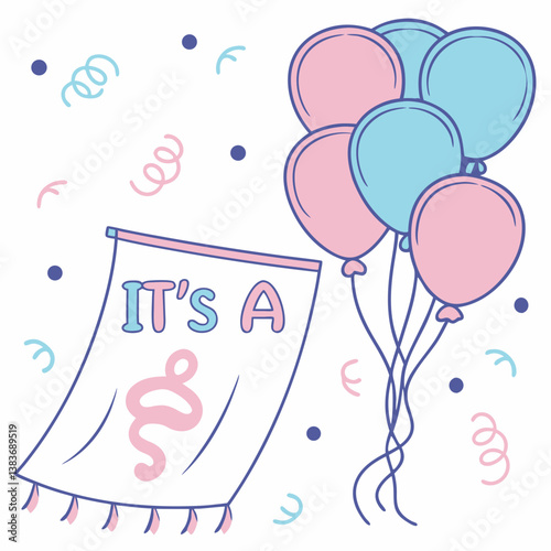 A gender reveal party concept with blue and pink balloons