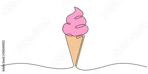 Ice cream in waffle cone in one continuous line drawing. Editable stroke
