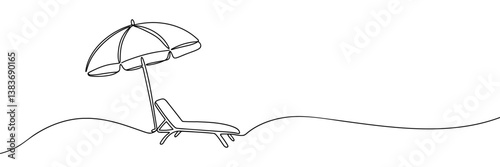 chaise longue with umbrella hand-drawn, continuous monoline, drawing in one line