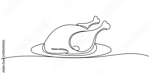 Turkey or chicken one line art, fried poultry meat continuous contour drawing,hand-drawn Thanksgiving Day traditional food,hot dish outline festive design decoration. Editable stroke.