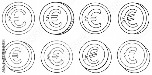 Euro Coin Outline Coloring Book Page Line Art Drawing Set White Background