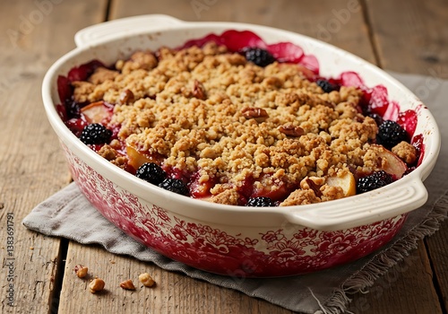 A rustic apple and blackberry crumble, warm and comforting, baked to golden perfection in a charming vintage-style baking dish.