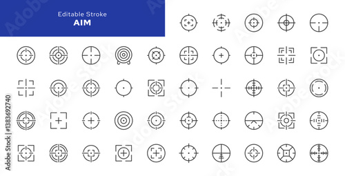 Aim, target line icon set. A sight for aiming a weapon at a target. Outline vector icon in linear style. Series of pictograms.