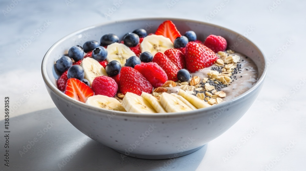A smoothie bowl topped with sliced bananas, granola, chia seeds, and fresh berries A smoothie bowl topped with sliced bananas, granola, chia seeds, and fresh berries